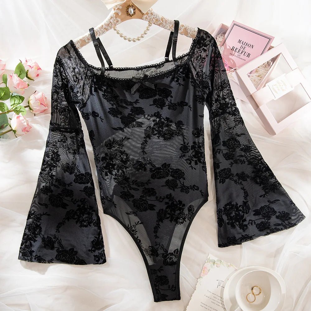 002X 2024 New Sexy Teddy Bodysuit for women Transparent Floral Embroidered Long Wide Sleeves Mesh Perspective Lace Jumpsuit - SN Wigs & More