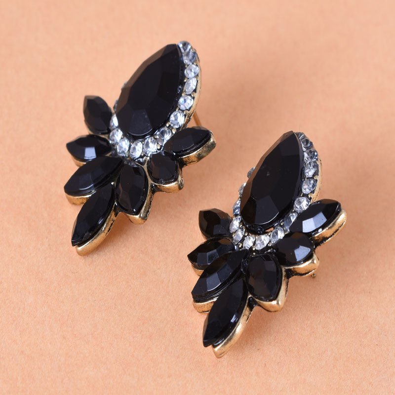 00369 - 10 Fashion Crystal Earrings Rhinestone Black Pink Glass Black Metal Leaf Earrings - SN Wigs & More