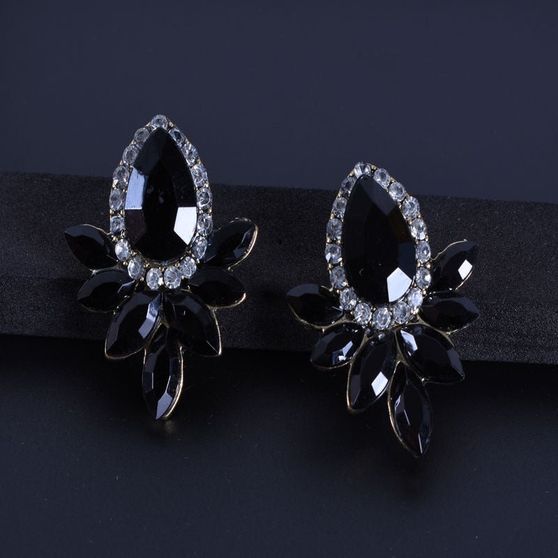 00369 - 10 Fashion Crystal Earrings Rhinestone Black Pink Glass Black Metal Leaf Earrings - SN Wigs & More