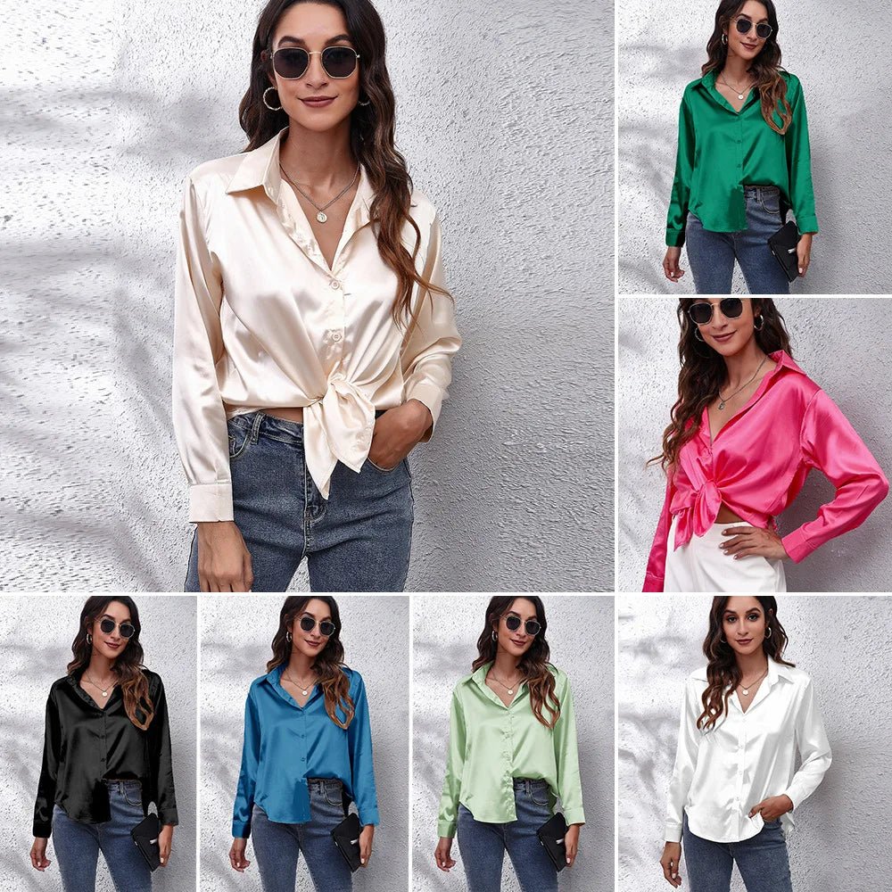 0212YT Women White Simulated Silk Shirt Tops Lady Long Sleeve Office Ladies Satin Blouse Blusas Women's Blouses & Shirts - SN Wigs & More