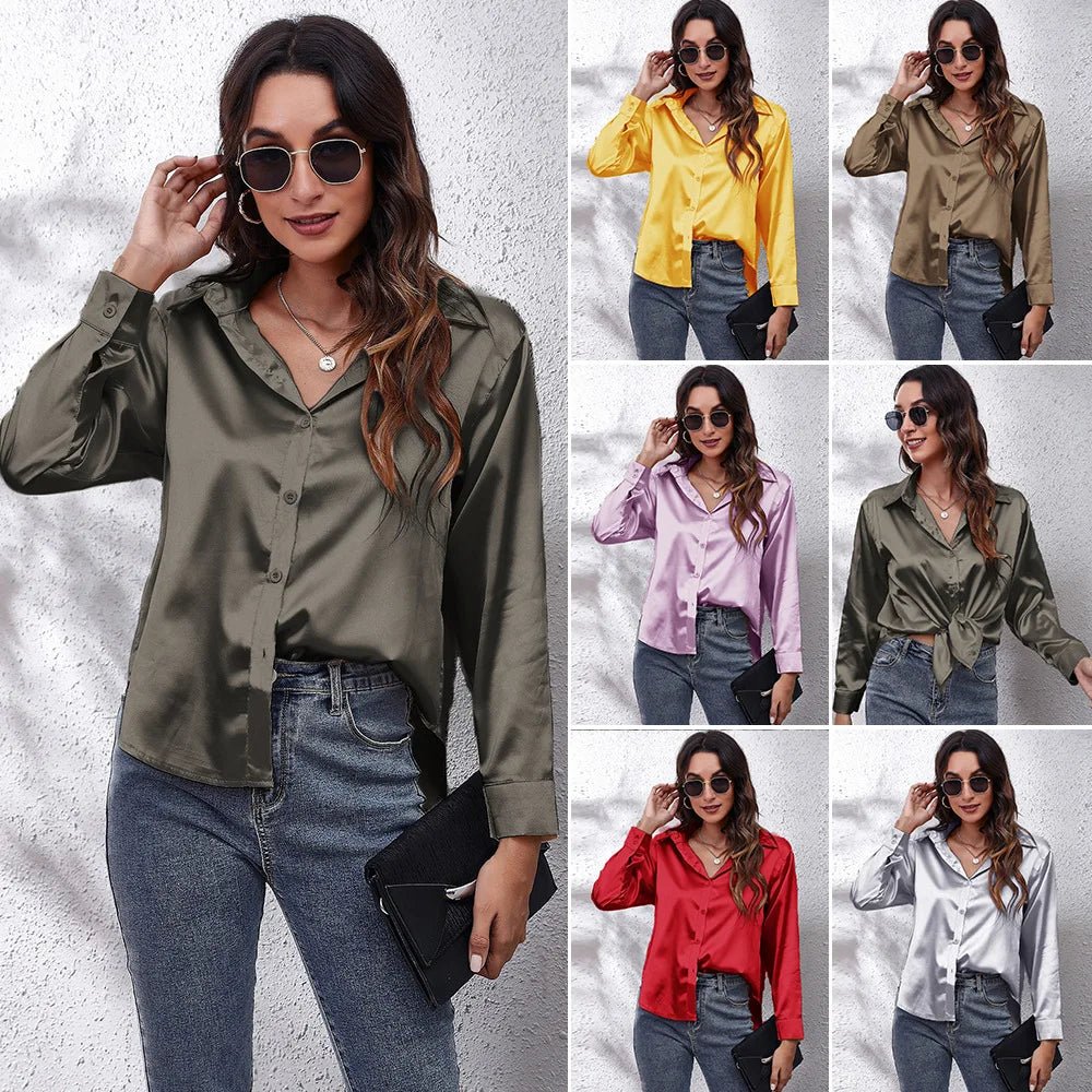 0212YT Women White Simulated Silk Shirt Tops Lady Long Sleeve Office Ladies Satin Blouse Blusas Women's Blouses & Shirts - SN Wigs & More