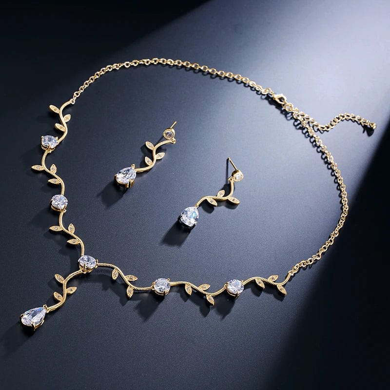 18k gold plating RAKOL SP233 Cheap Wedding Bridal CZ Jewelry Set Silver Leaf Branch Zircon Necklace Earrings Set