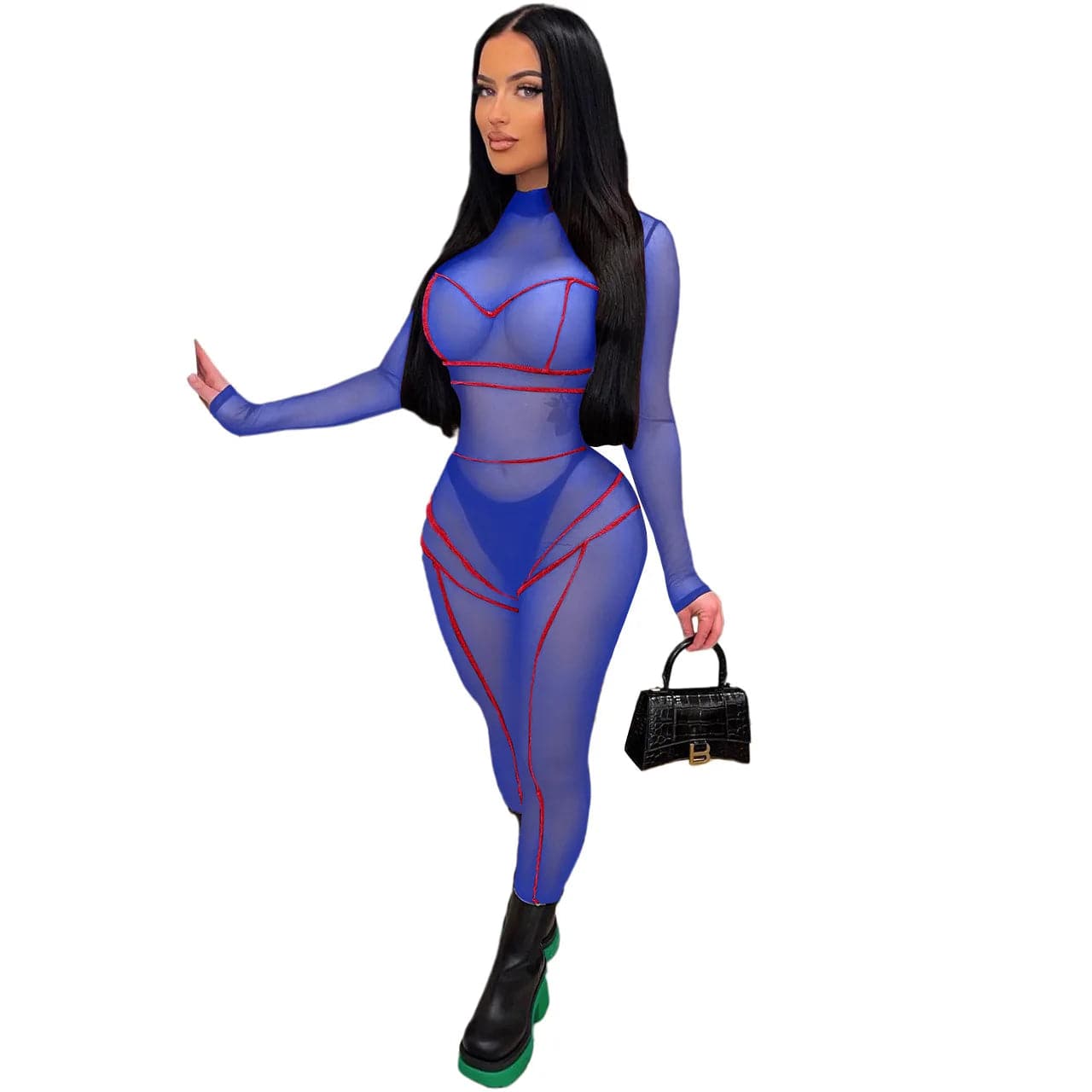 2 XL / Blue Nightclub Wear Tight Mesh Bodysuit Sheer Red One Piece Ladies Spring See Through Bodycon Long Sleeve Sexy Jumpsuit for Women