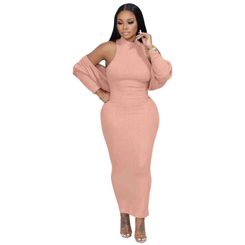 2 XL / Coral Fall Women's Long Dresses Cardigan Coats 2 Piece Outfits Elegant Lady Sleeveless Maxi Bodycon Dress Two Pcs Suit Sets