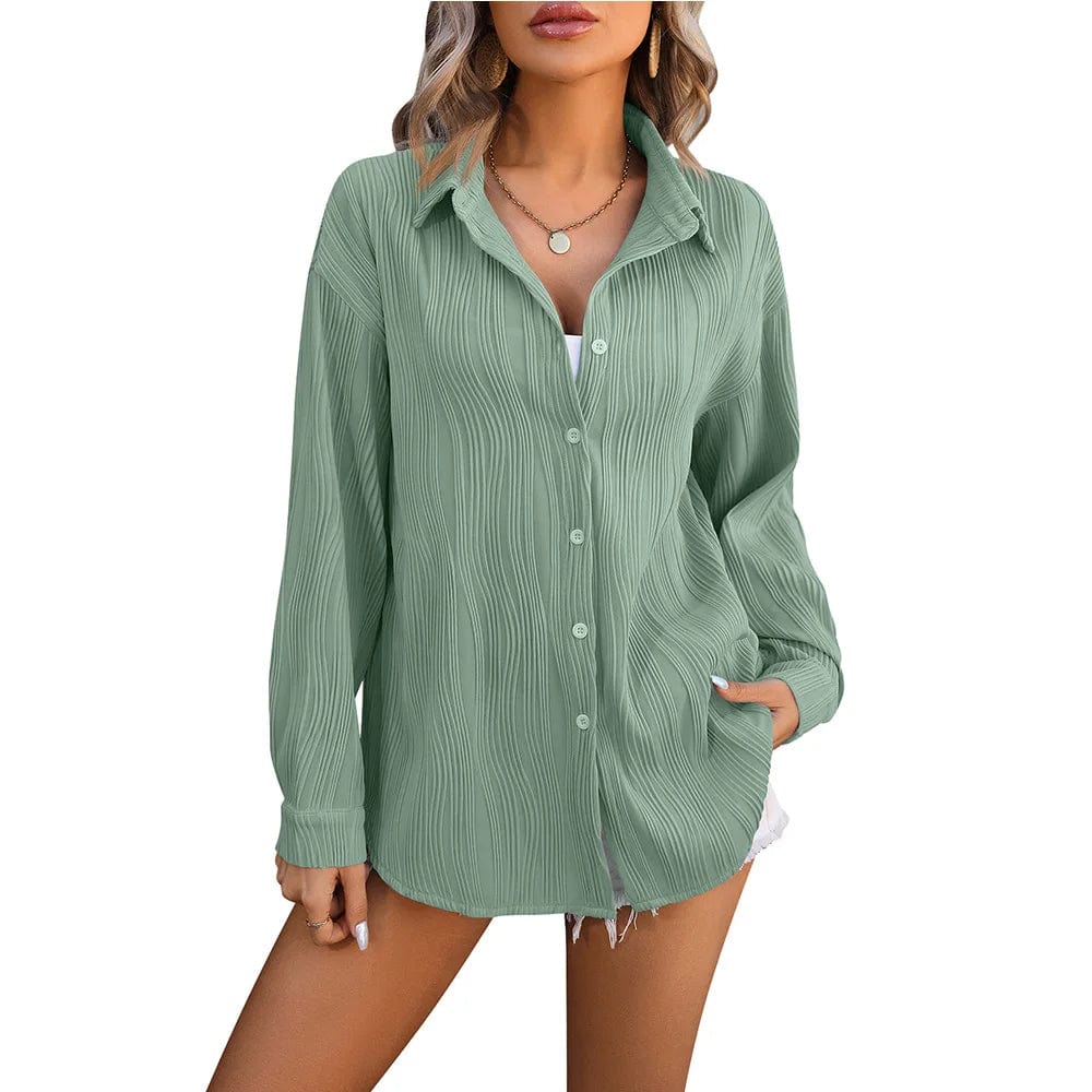 2 XL / light green Spring Summer New Wavy Texture Loose Fashion Shirt Ladies Office Casual Lapel Long Sleeves Shirt