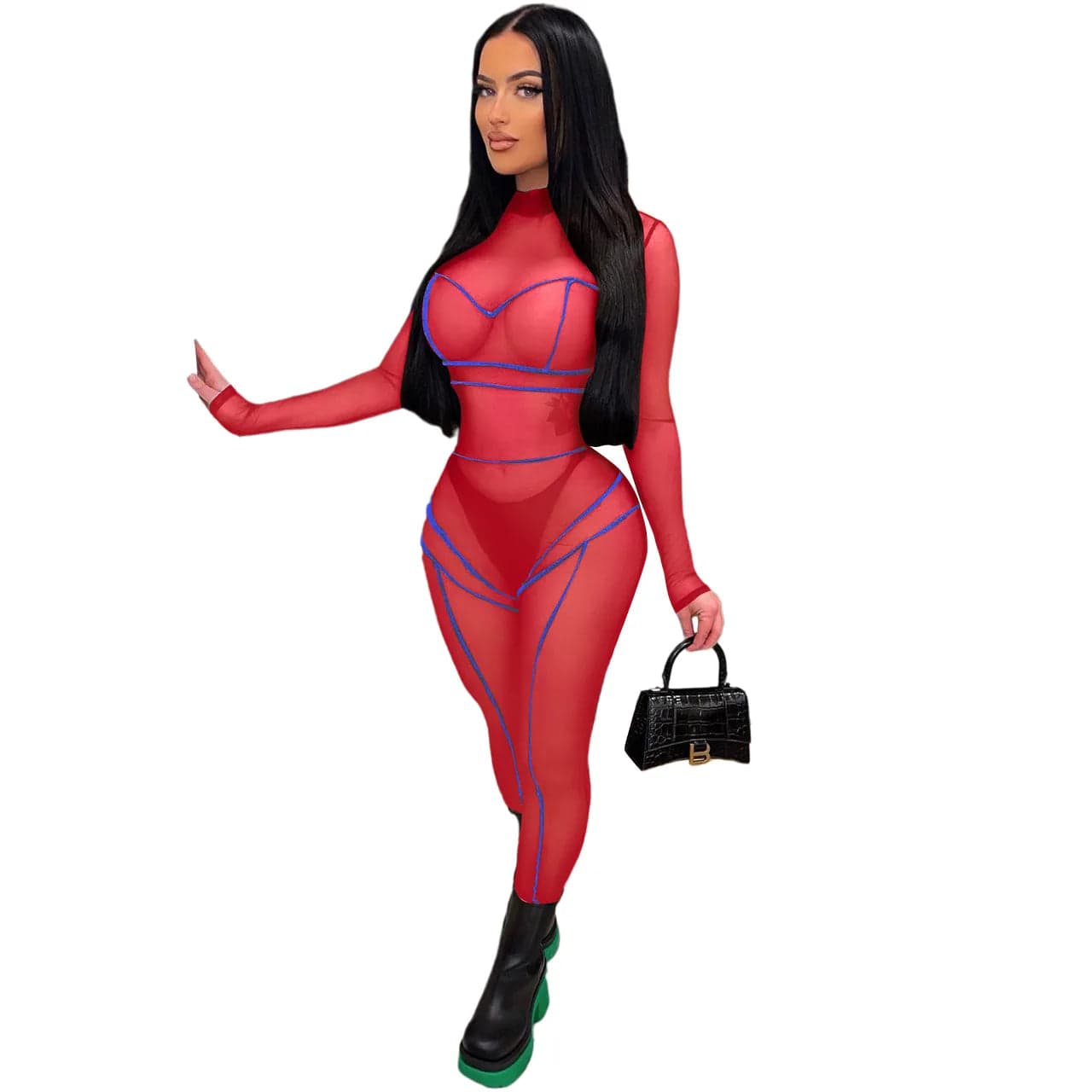 2 XL / Red Nightclub Wear Tight Mesh Bodysuit Sheer Red One Piece Ladies Spring See Through Bodycon Long Sleeve Sexy Jumpsuit for Women