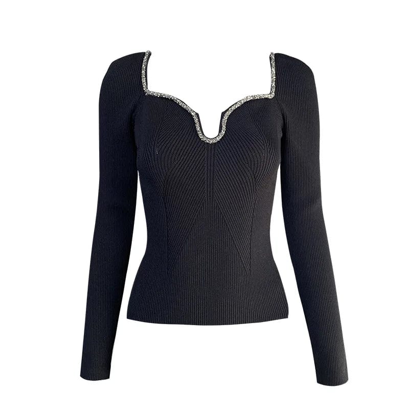 2024 Spring Classical Stylish Lady Hot Drilling Neckline Long Sleeve Slim Fitted Women Pullover Knits Shirts