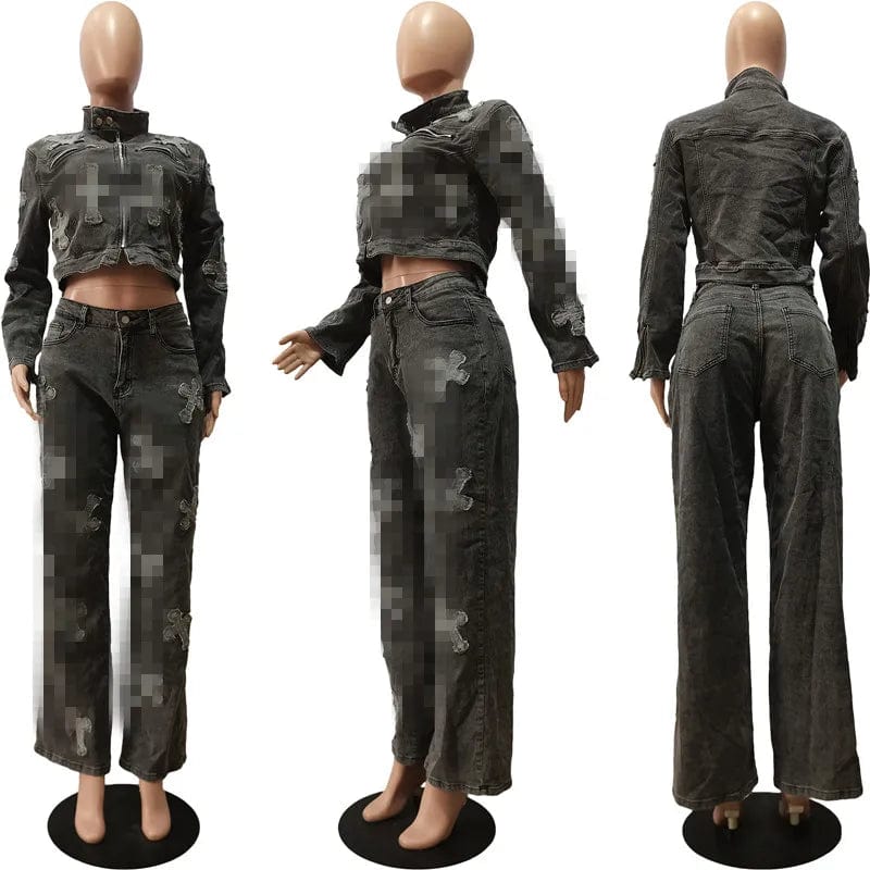 2024 spring clothing boutique S-2XL lounge wear designer denim jeans two piece pants set