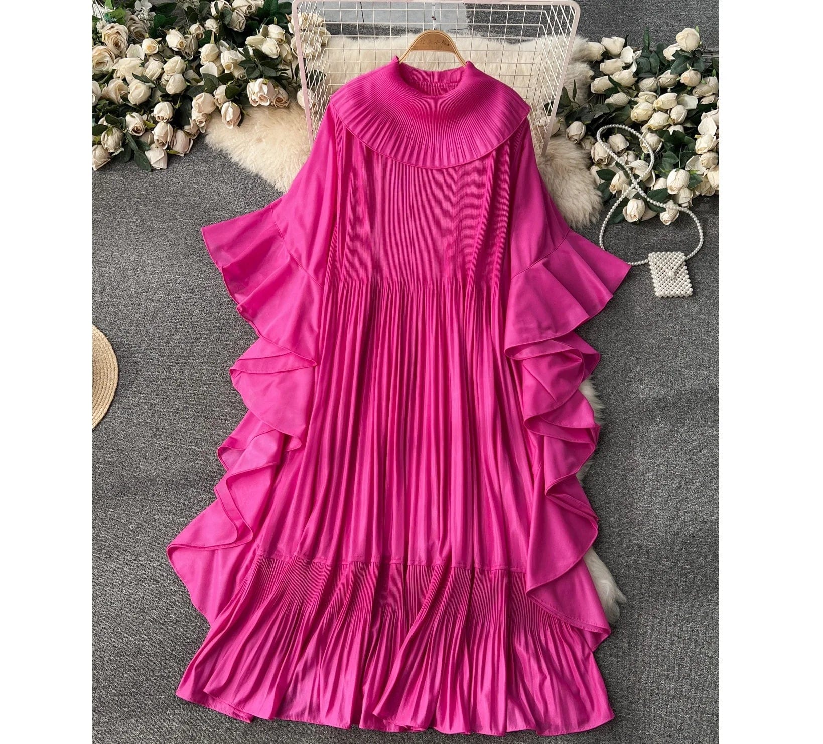 2024 Spring Elegant Pleats Fashion-forward Round Neck Dress For West Asian Women Ruffles Swing Dress