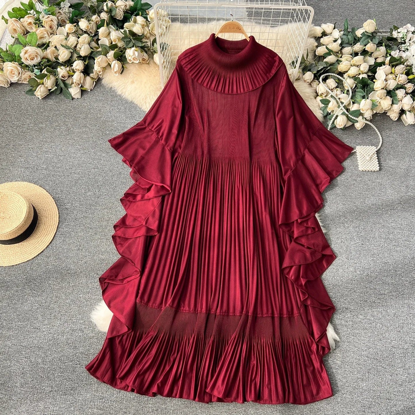 2024 Spring Elegant Pleats Fashion-forward Round Neck Dress For West Asian Women Ruffles Swing Dress