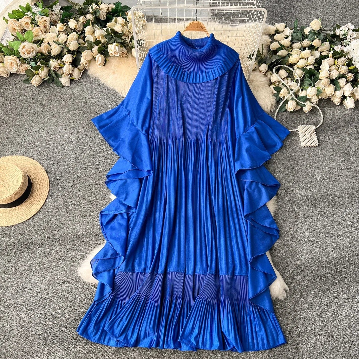 2024 Spring Elegant Pleats Fashion-forward Round Neck Dress For West Asian Women Ruffles Swing Dress