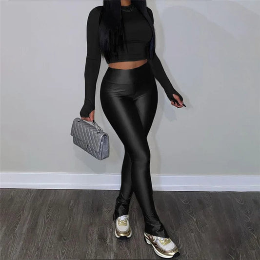 2024 spring fashion boutique black crop top mesh print slim fit two piece women's suits set