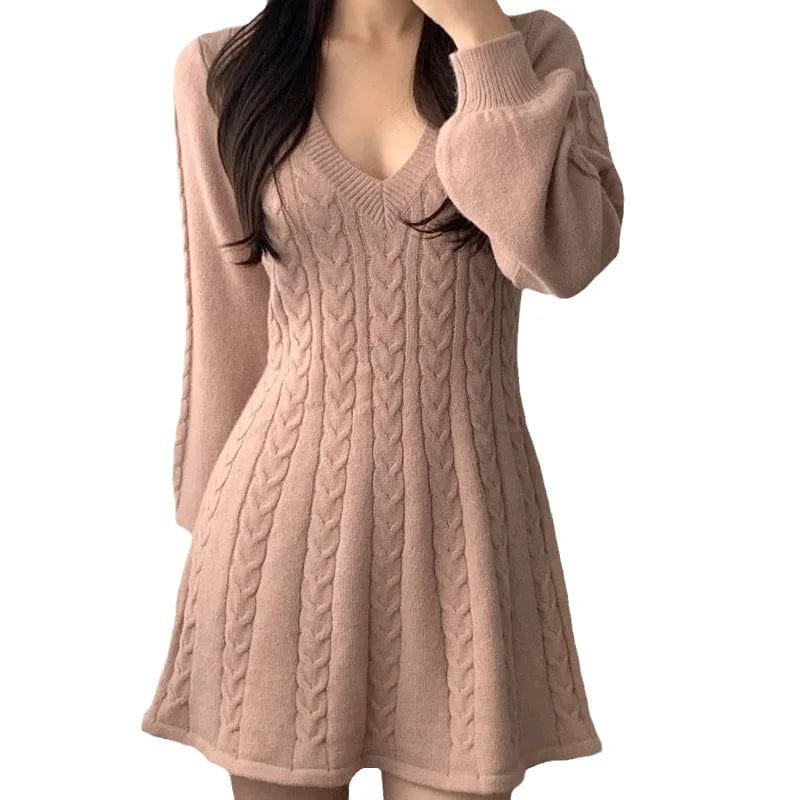 2024 spring fashion lady new arrival v neck long sleeve slim fit cable knit sexy sweater dress