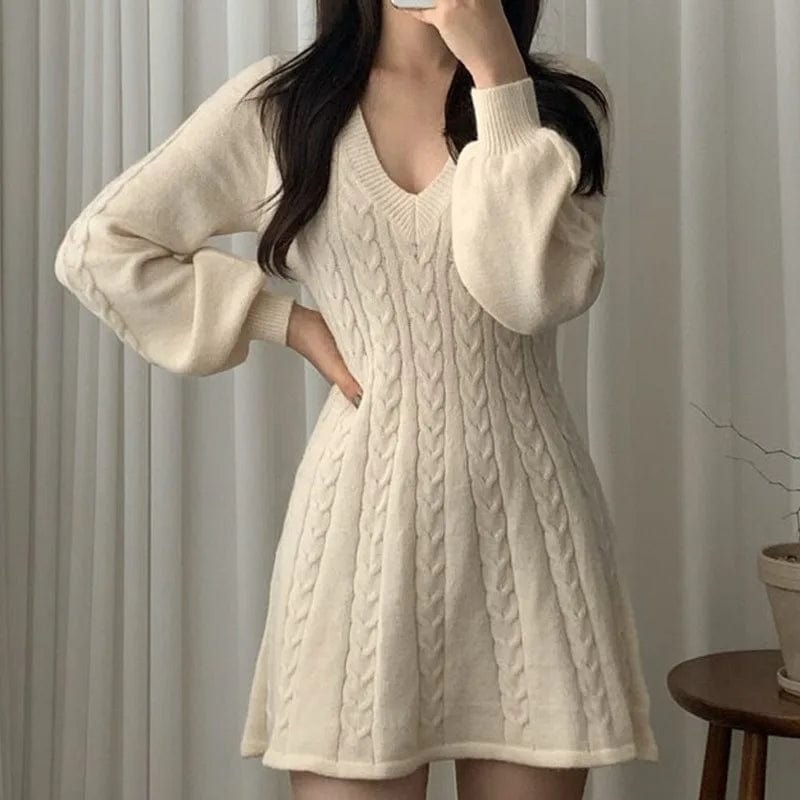 2024 spring fashion lady new arrival v neck long sleeve slim fit cable knit sexy sweater dress