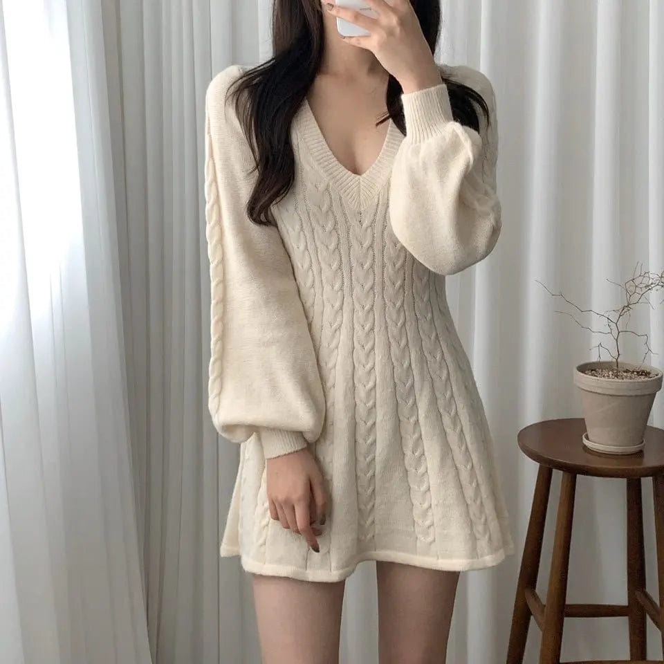 2024 spring fashion lady new arrival v neck long sleeve slim fit cable knit sexy sweater dress