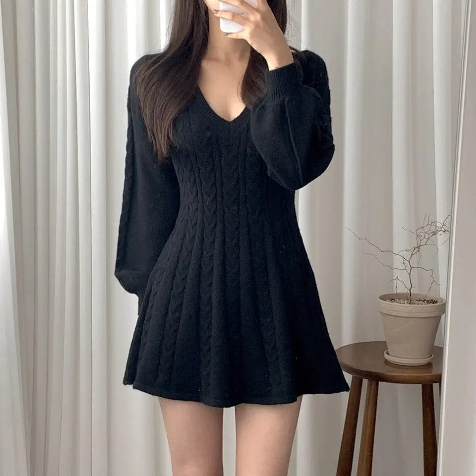 2024 spring fashion lady new arrival v neck long sleeve slim fit cable knit sexy sweater dress