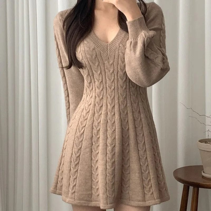 2024 spring fashion lady new arrival v neck long sleeve slim fit cable knit sexy sweater dress