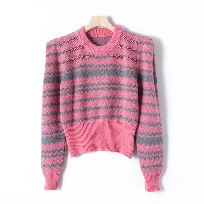 2024 Spring fashionable women crew neck long sleeve  beading pullover jacquard sweater jumper