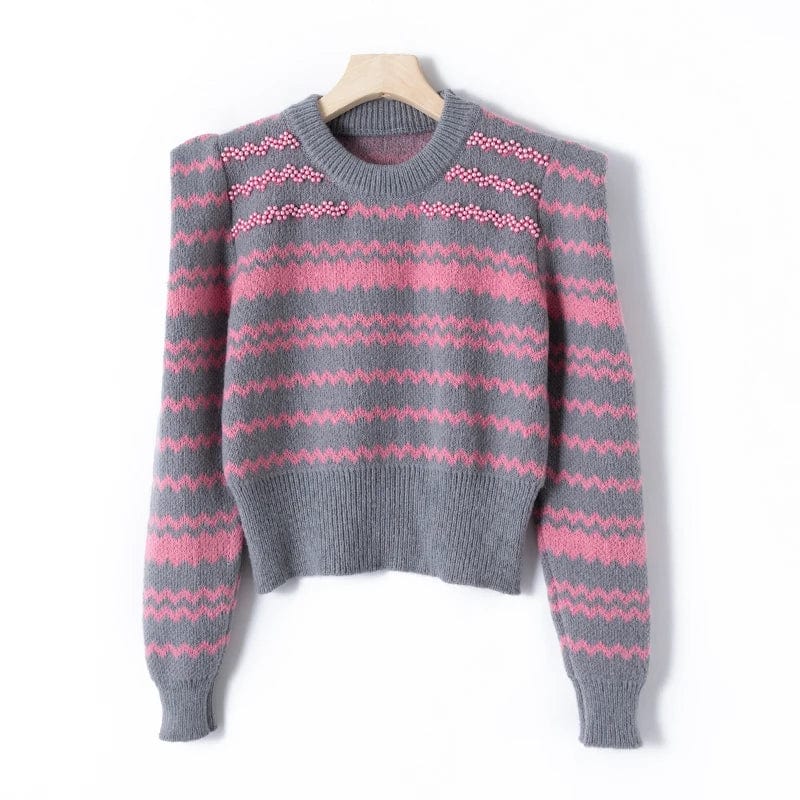 2024 Spring fashionable women crew neck long sleeve  beading pullover jacquard sweater jumper