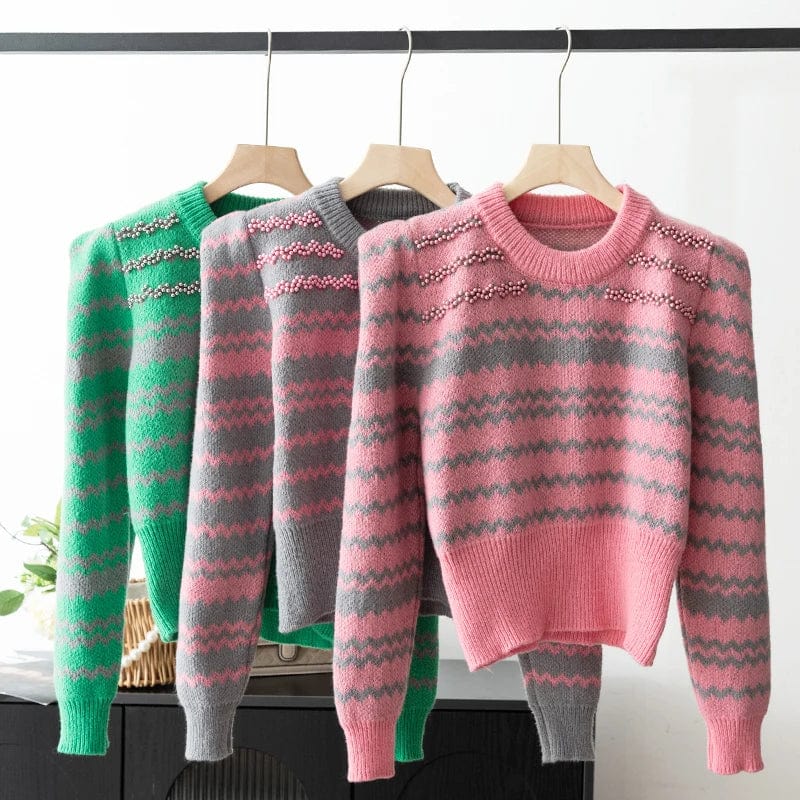 2024 Spring fashionable women crew neck long sleeve  beading pullover jacquard sweater jumper