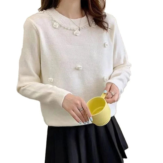 2024 Spring fashionable women crew neck long sleeve solid beading floral pullover sweater jumper