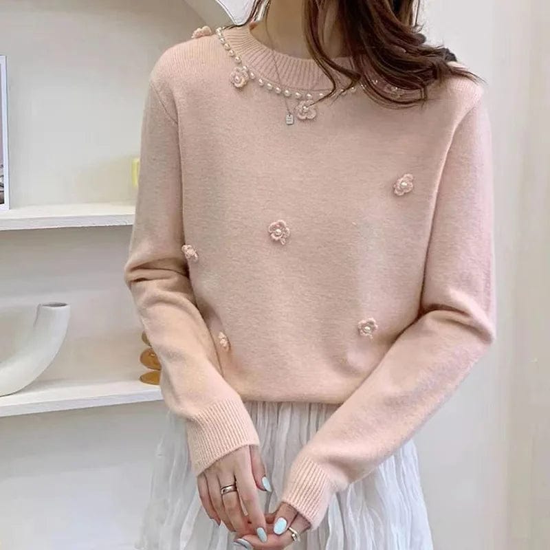 2024 Spring fashionable women crew neck long sleeve solid beading floral pullover sweater jumper