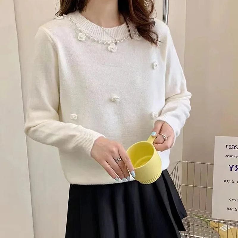 2024 Spring fashionable women crew neck long sleeve solid beading floral pullover sweater jumper