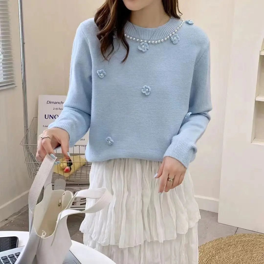 2024 Spring fashionable women crew neck long sleeve solid beading floral pullover sweater jumper