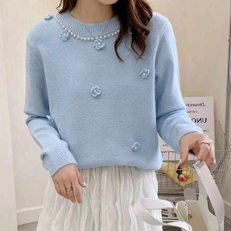 2024 Spring fashionable women crew neck long sleeve solid beading floral pullover sweater jumper