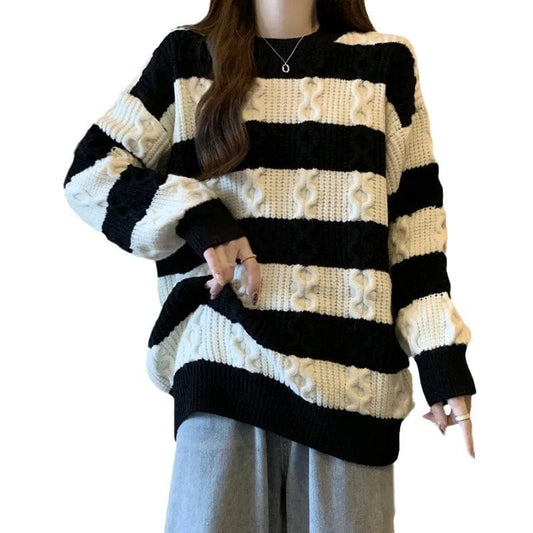 2024 Spring high-quality best-selling fashion women's round neck long Plus-size pullover sweater with striped sleeves