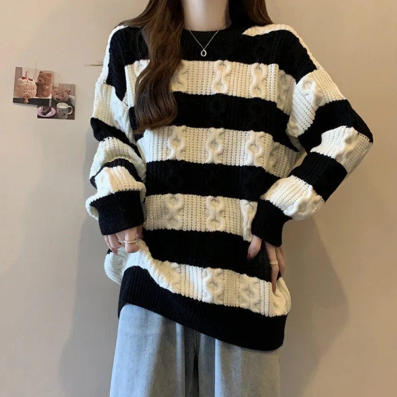 2024 Spring high-quality best-selling fashion women's round neck long Plus-size pullover sweater with striped sleeves