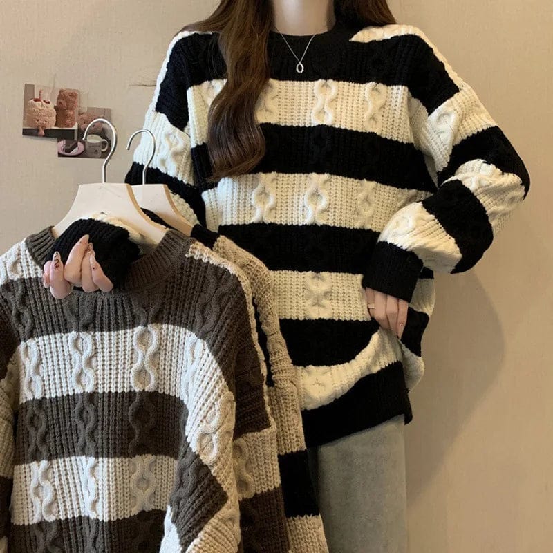 2024 Spring high-quality best-selling fashion women's round neck long Plus-size pullover sweater with striped sleeves