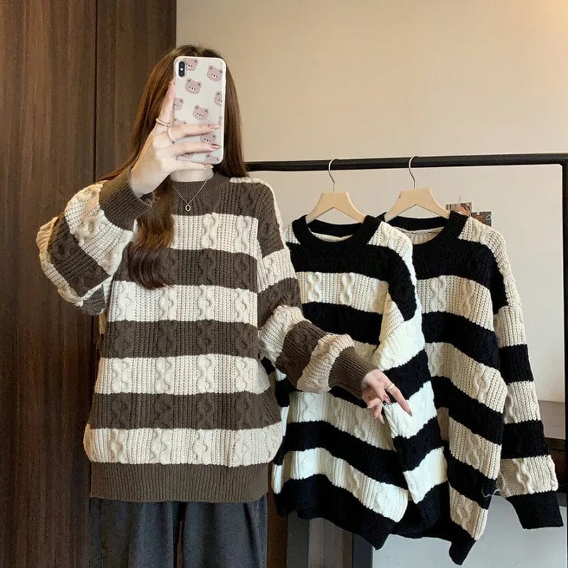 2024 Spring high-quality best-selling fashion women's round neck long Plus-size pullover sweater with striped sleeves