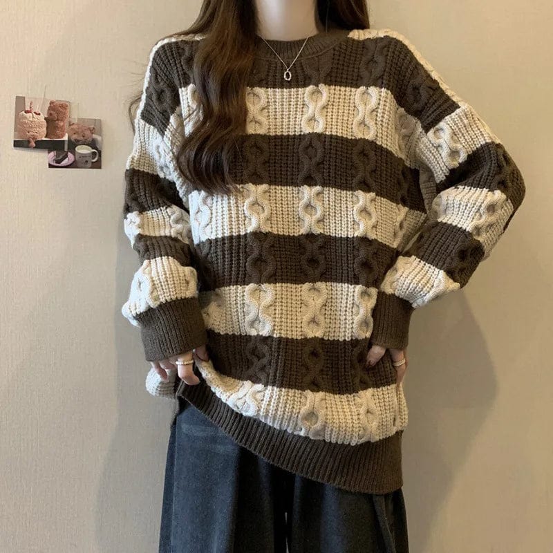 2024 Spring high-quality best-selling fashion women's round neck long Plus-size pullover sweater with striped sleeves