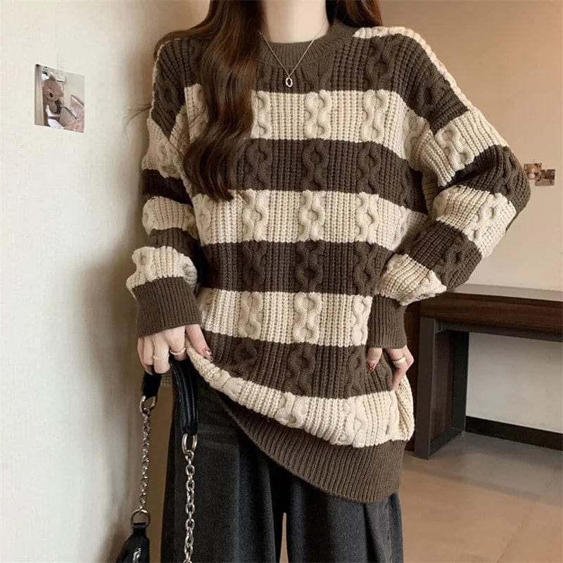 2024 Spring high-quality best-selling fashion women's round neck long Plus-size pullover sweater with striped sleeves