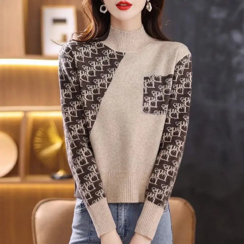 2024 spring high-quality best-selling semi-high-neck long sleeve slim striped plaid jacquard women's knitwear