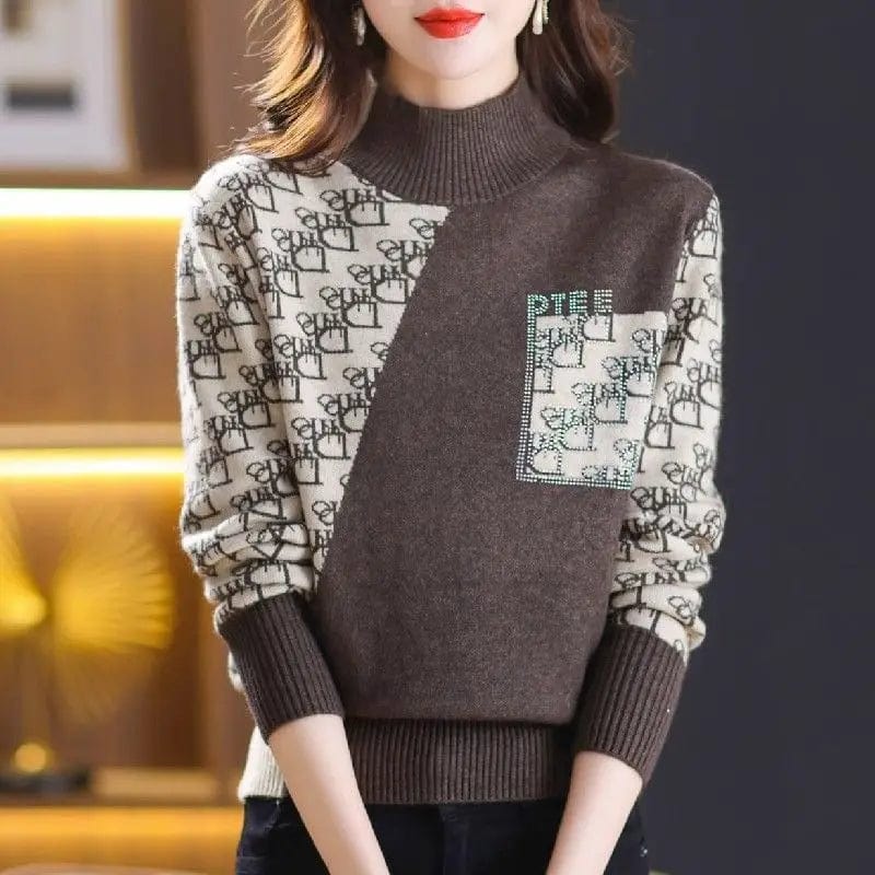 2024 spring high-quality best-selling semi-high-neck long sleeve slim striped plaid jacquard women's knitwear