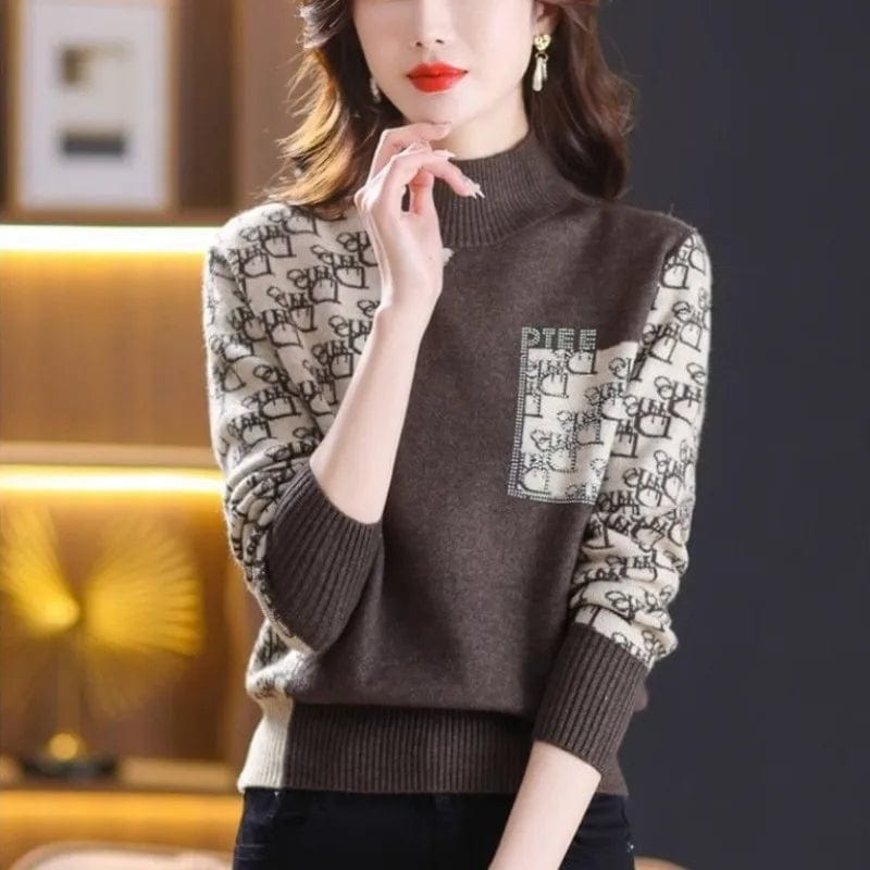 2024 spring high-quality best-selling semi-high-neck long sleeve slim striped plaid jacquard women's knitwear