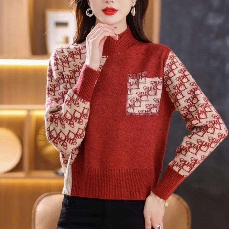 2024 spring high-quality best-selling semi-high-neck long sleeve slim striped plaid jacquard women's knitwear