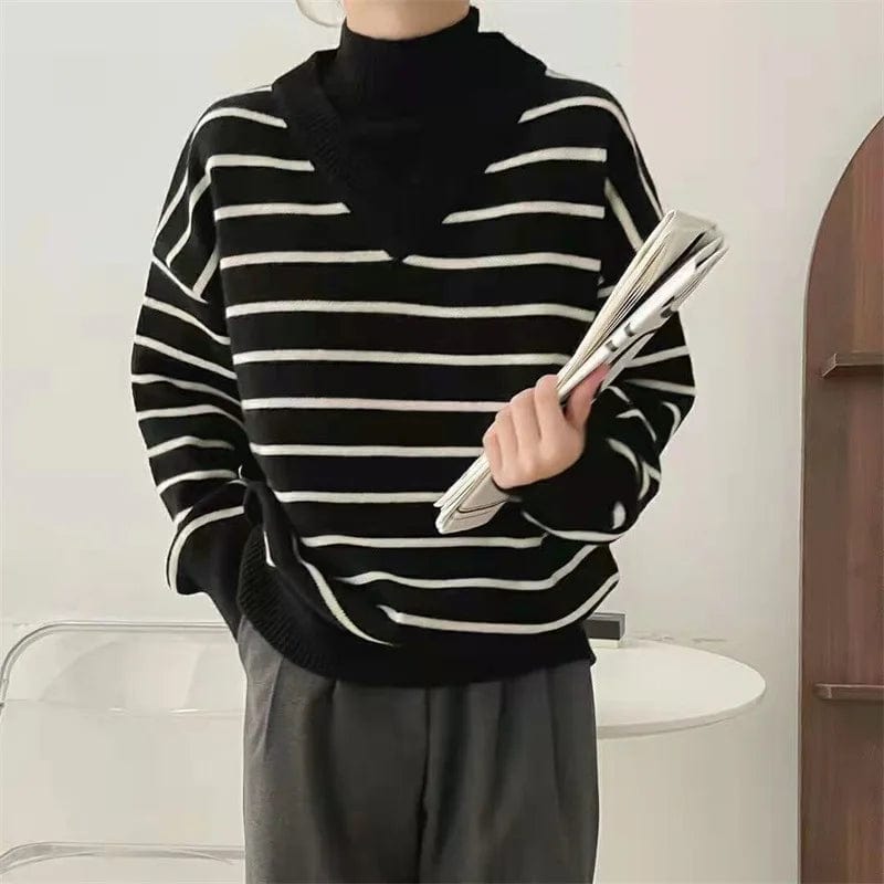 2024 Spring high quality fashion women's long sleeve V-neck striped loose large size senior sense pullover sweater