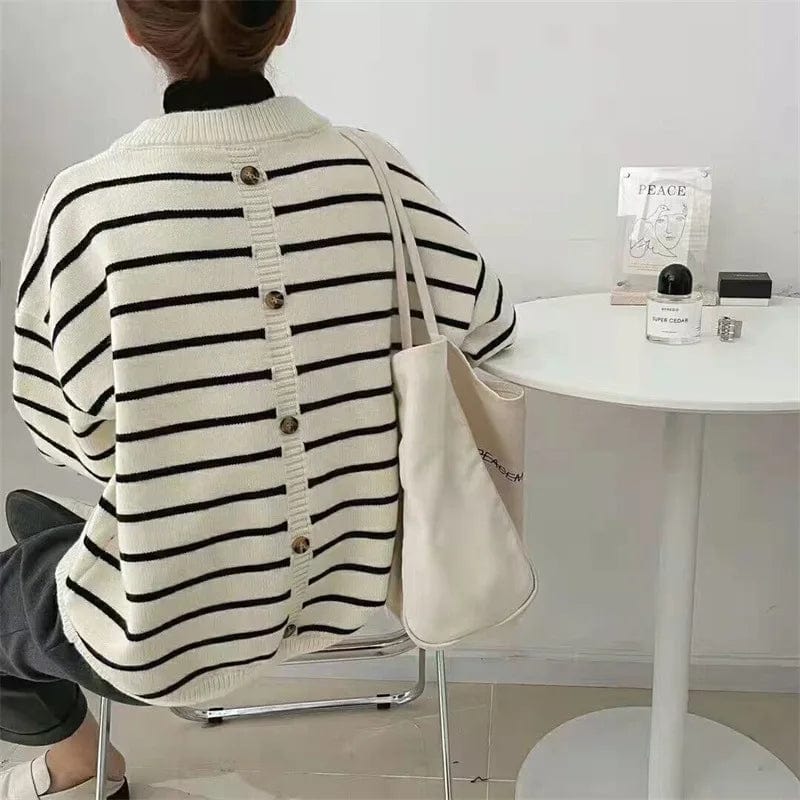 2024 Spring high quality fashion women's long sleeve V-neck striped loose large size senior sense pullover sweater