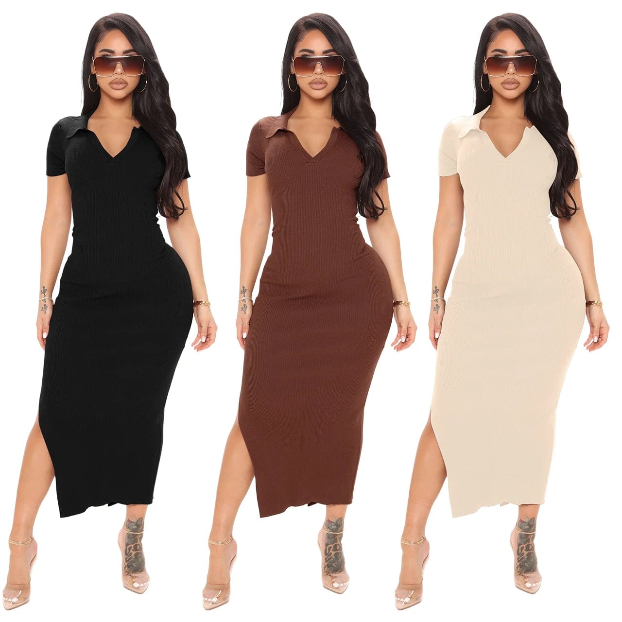 2024 Spring Hot Custom Wholesale Women Solid Ribbed Midi Dresses Summer Sexy Bodycon Women Casual Dresses