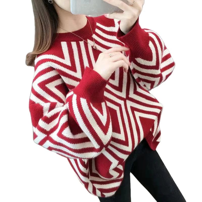 2024 spring hot high-quality fashion women's long-sleeved crew neck striped loose large-size senior sense pullover sweater