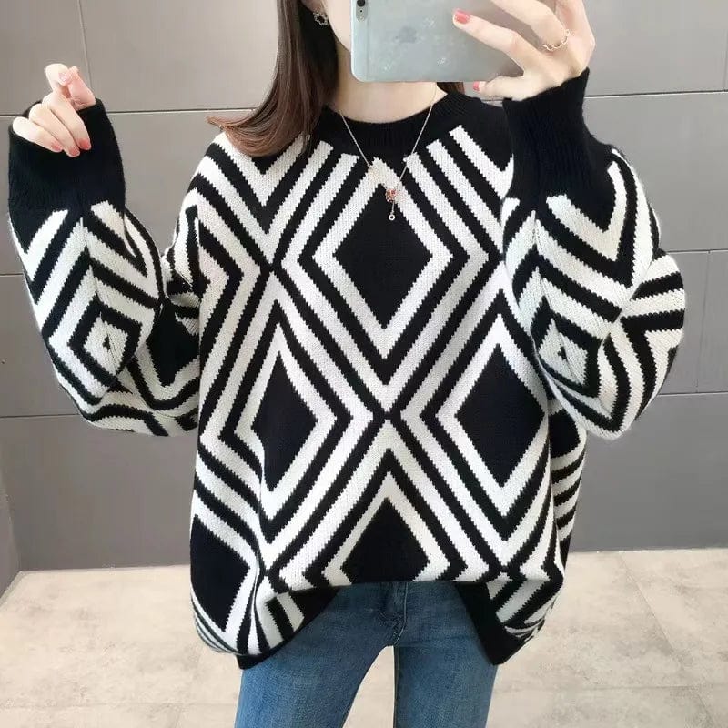 2024 spring hot high-quality fashion women's long-sleeved crew neck striped loose large-size senior sense pullover sweater