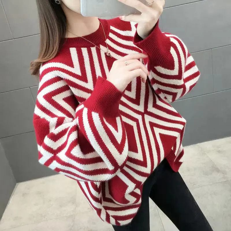 2024 spring hot high-quality fashion women's long-sleeved crew neck striped loose large-size senior sense pullover sweater