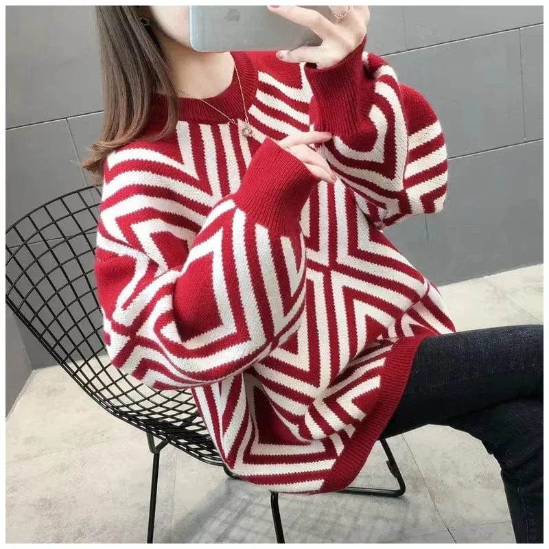 2024 spring hot high-quality fashion women's long-sleeved crew neck striped loose large-size senior sense pullover sweater