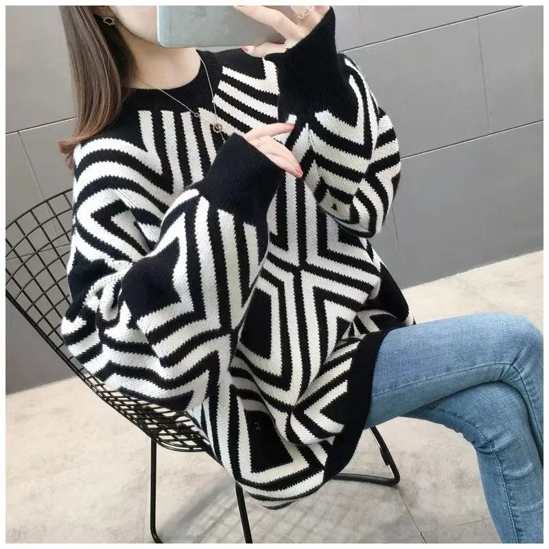 2024 spring hot high-quality fashion women's long-sleeved crew neck striped loose large-size senior sense pullover sweater