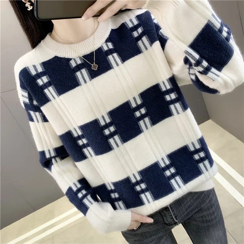 2024 spring hot selling stripe crew neck custom fit long fashion lady sweater