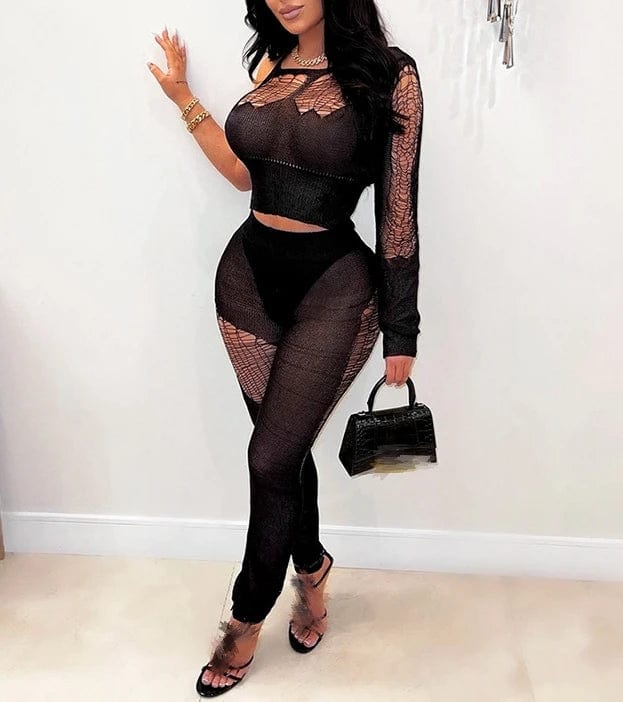 2024 Spring Knitted Black One Shoulder Hollow out Long Sleeve Cut Out Sexy Crop Top Pants 2 piece Sets