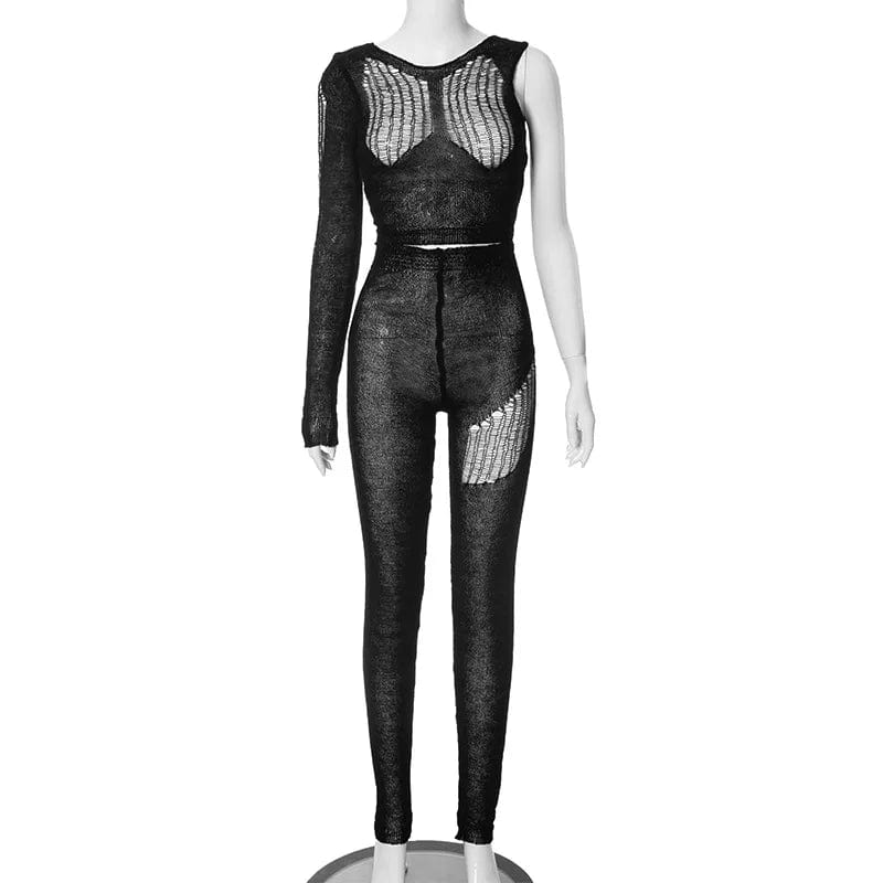 2024 Spring Knitted Black One Shoulder Hollow out Long Sleeve Cut Out Sexy Crop Top Pants 2 piece Sets